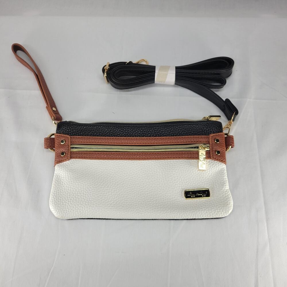 Itsy Ritsy Clutch Crossbody Bag Wristlet White Brown Black Vegan Leather Purse